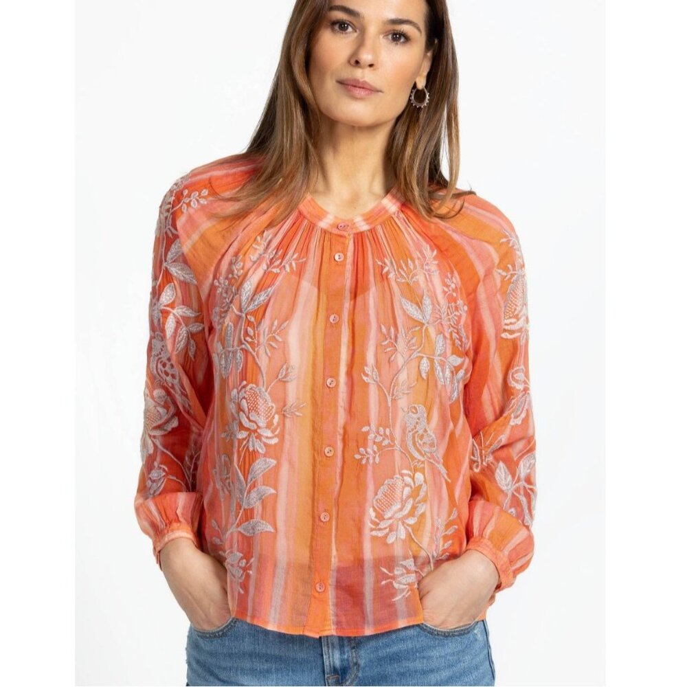 Johnny Was Harlow Raglan Poet Silk Blend Embroidered Button Down Shirt Coral L